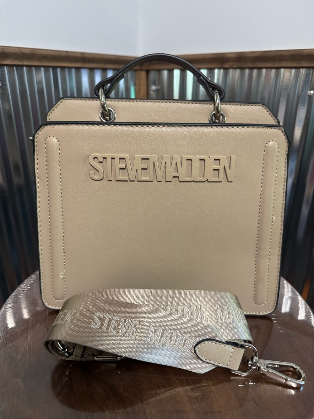 Small Timeless Taupe Beige Steve Madden Bevelyn Satchel Crossbody Bag